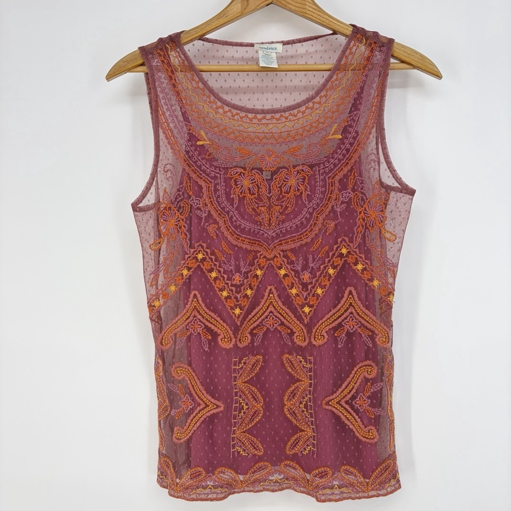 Sundance Tank Top Womens Small Pink Embroidered Mesh SHEER Floral Boho Festival